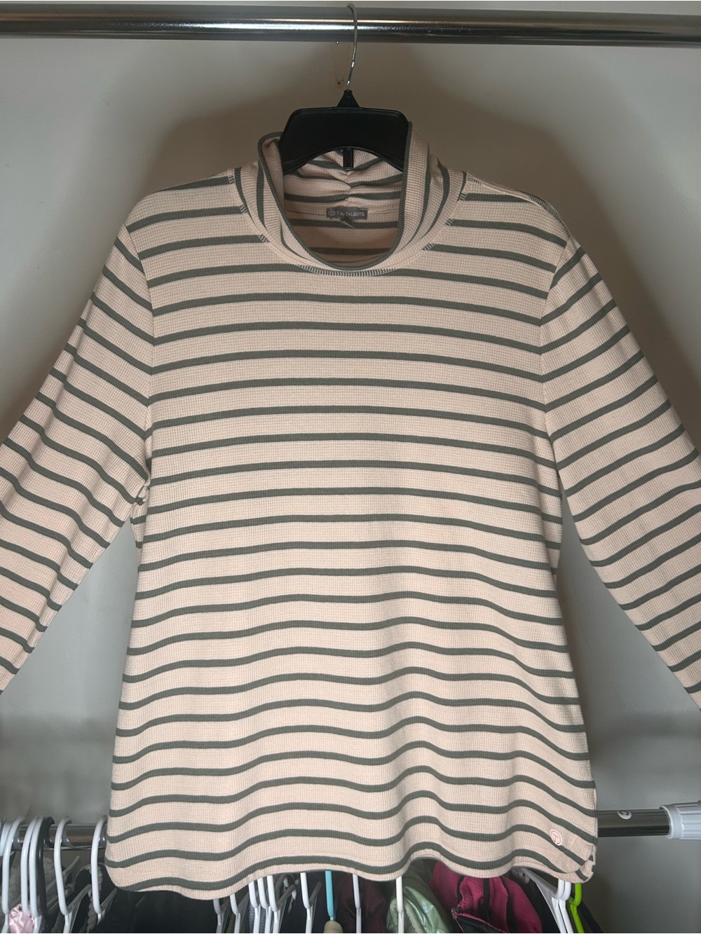 Talbots Cream & Olive Striped Turtleneck